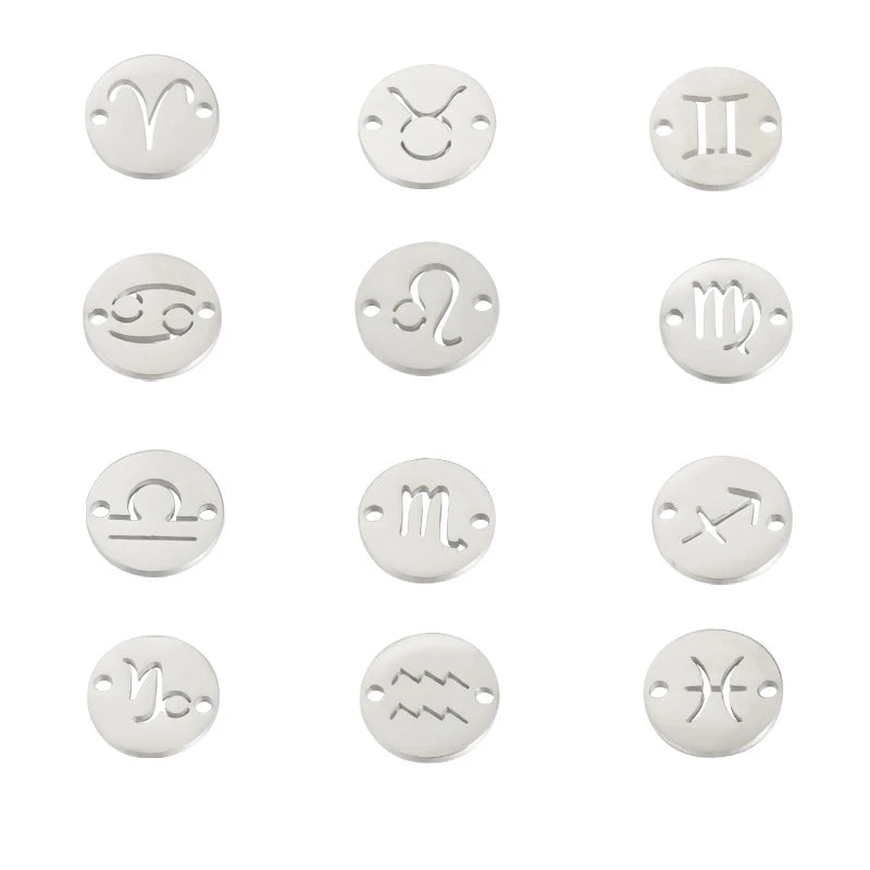 Round 12mm Stainless Steel Zodiac Bracelet Charms Silver / Gold / Black Zodiac Charm Pendant for Jewelry Making