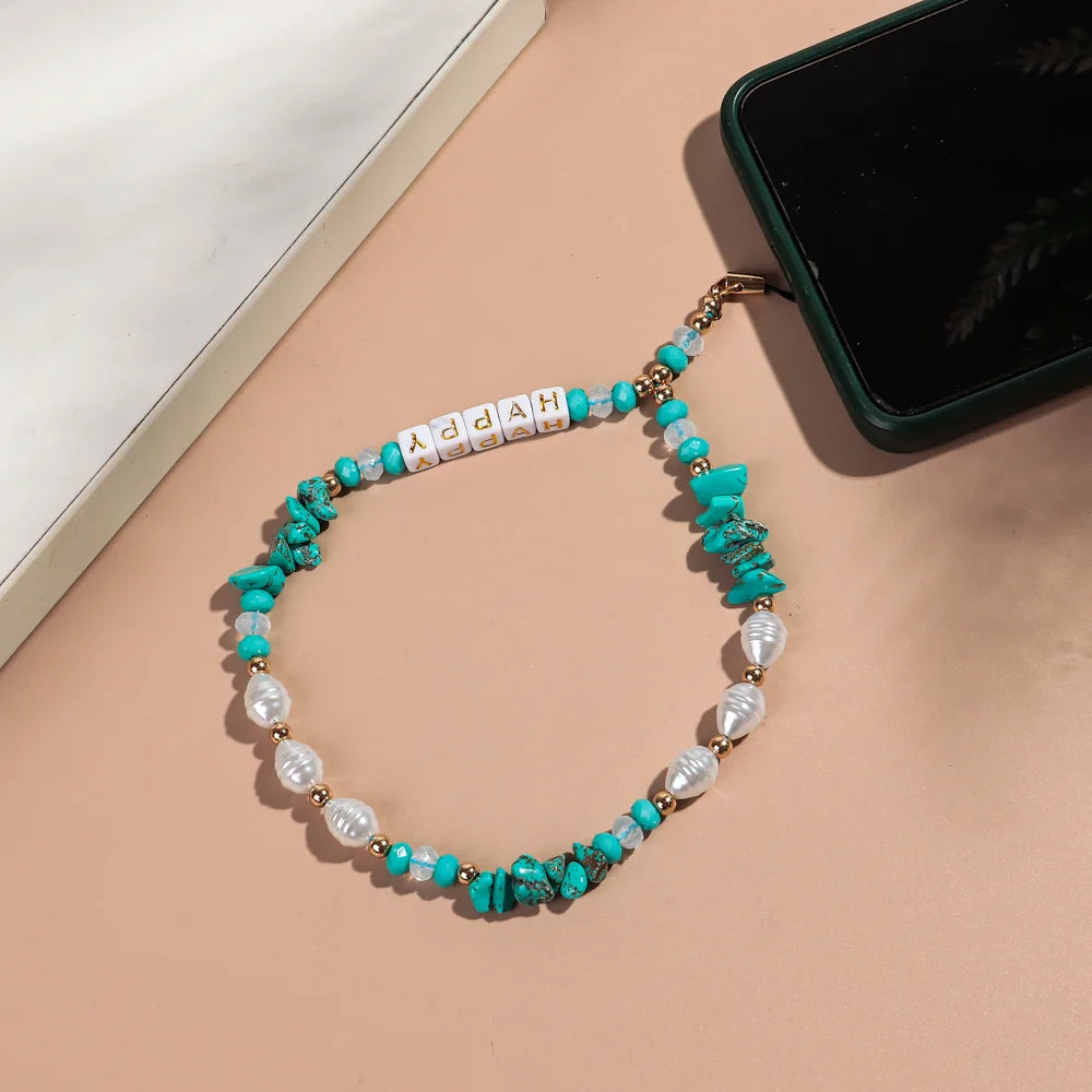 Bohemian Casual Holiday Lanyard Chain Artificial Pearl Irregular Resin Turquoise HAPPY Bracelet Mobile Phone Chain for Girls
