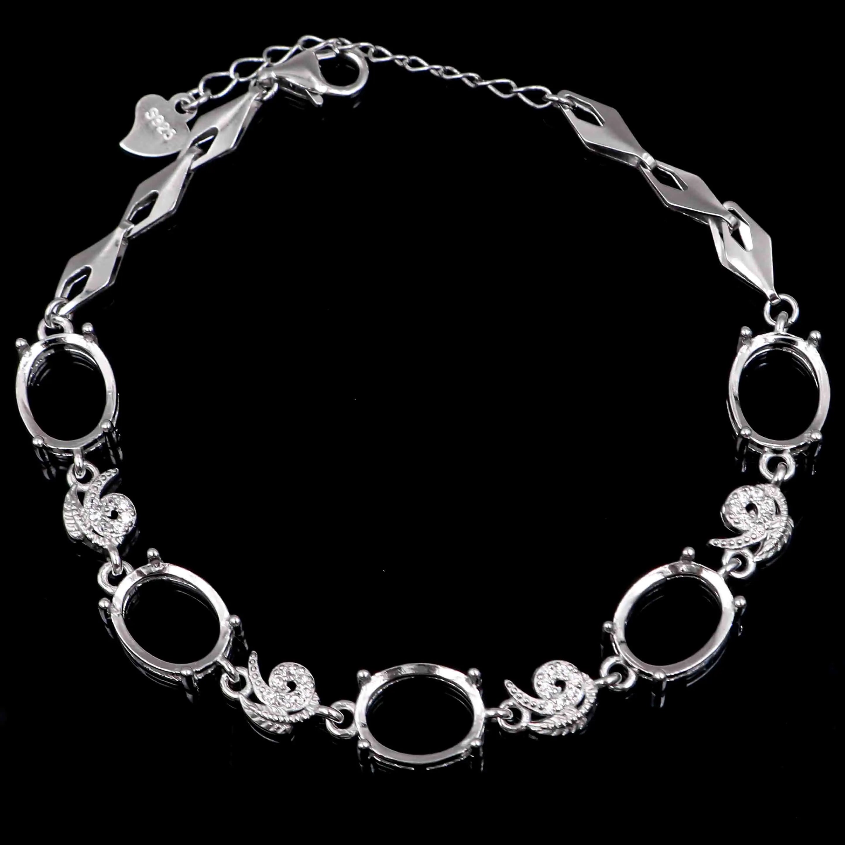Sterling Silver 7*9mm Semi Mount Bracelet Empty Frame Blank Claws Setting S925 Base Holder Without Center Stone Inlay for DIY