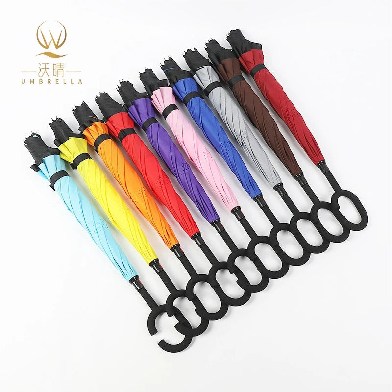 Custom Logo Advertising Upside Down Double Layer Iron Tube C Handle Minimalist Outdoor Inverted Umbrella Business Gift