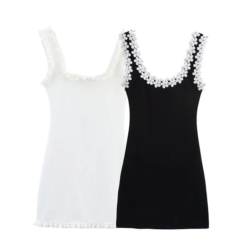 ZATRHMBM Summer Women's 2025 New Fashion Flower Decorated Dress Retro Suspender Sleeveless Elegant Female Mini Dress
