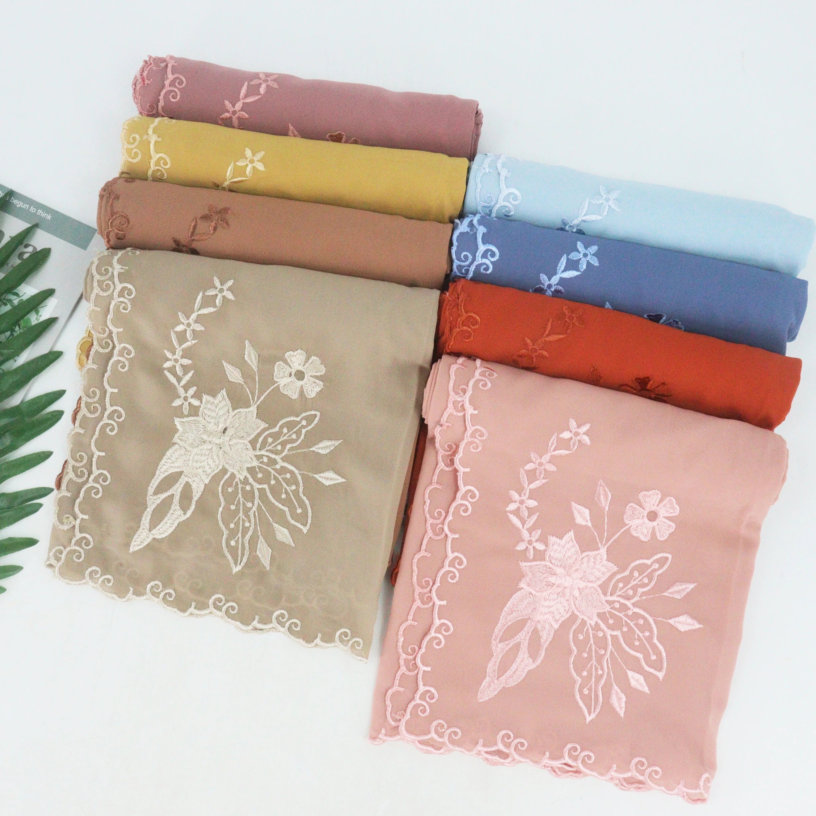 Lace Chiffon Hijab Embroidery With Shell Side Flower Scarf Shawls for Muslim Women Scarves