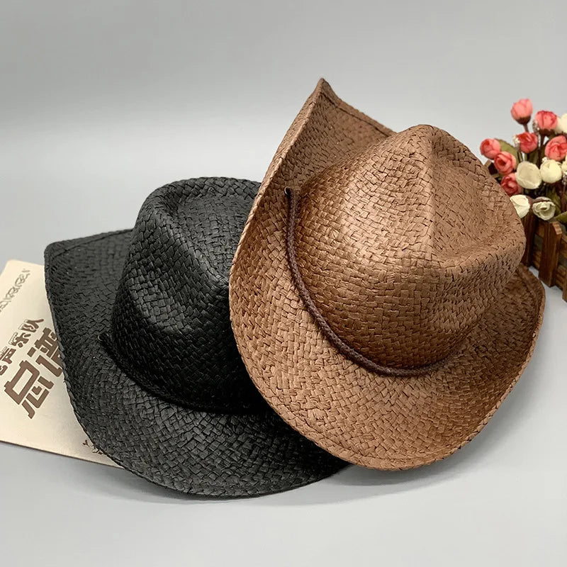 Summer Large Brim Women Men Cowboy Hats Jazz Straw With Rope Sun Beach Panama Hat for Travel