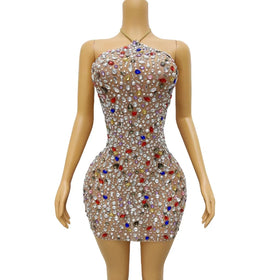 Vestidos Mujer Sexy Backless Rhinestone Sequin Birthday Party Dress Women Formal Prom Evening Dresses Mini Night Club Dress