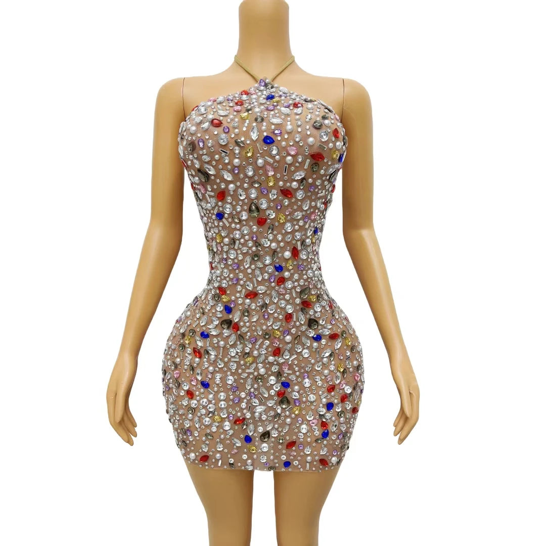 Vestidos Mujer Sexy Backless Rhinestone Sequin Birthday Party Dress Women Formal Prom Evening Dresses Mini Night Club Dress
