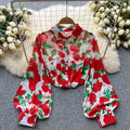 Spring and Summer New Long Sleeve French Retro Tops Women Loose Lantern Sleeve Floral Thin Shirt