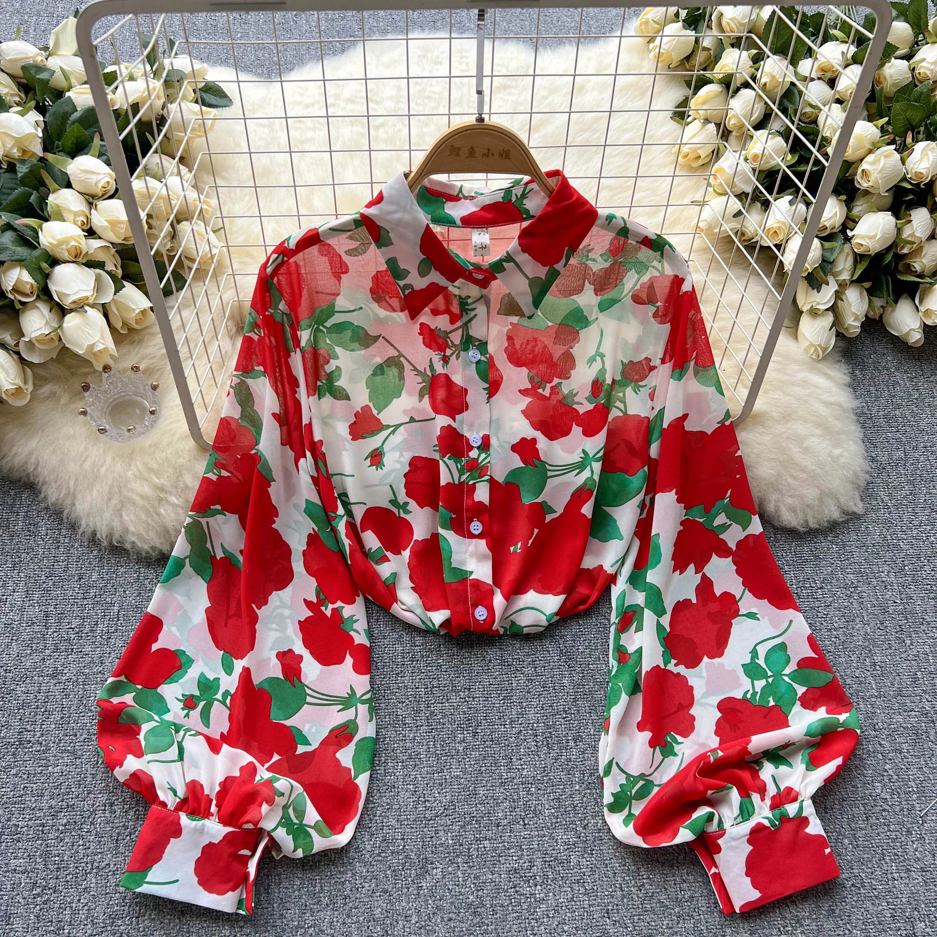 Spring and Summer New Long Sleeve French Retro Tops Women Loose Lantern Sleeve Floral Thin Shirt