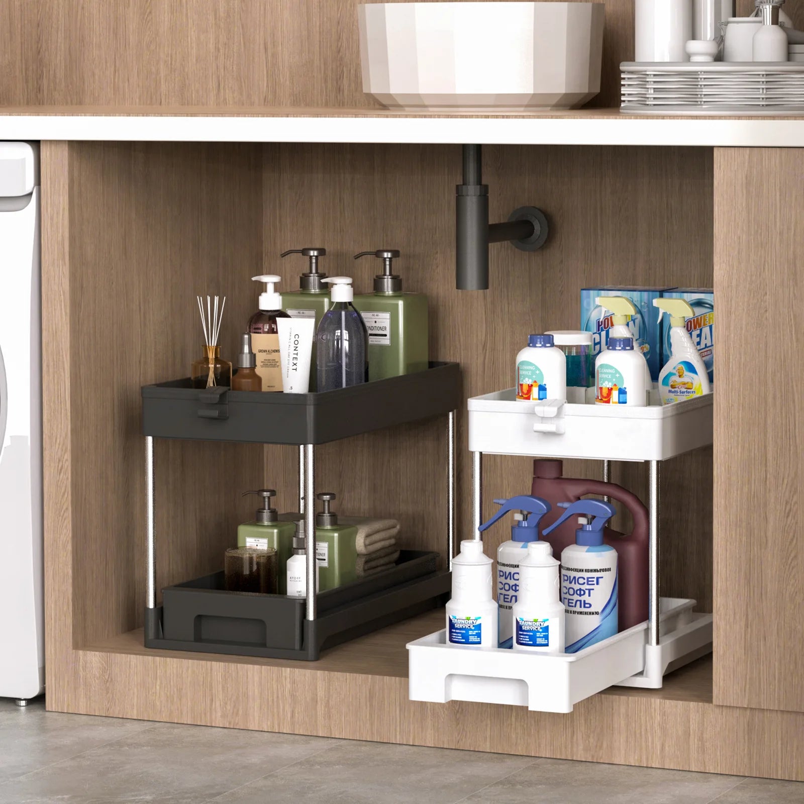 Bathroom Kitchen Sliding Under Sink Organizers and Storage Set with Hooks Hanging Cup