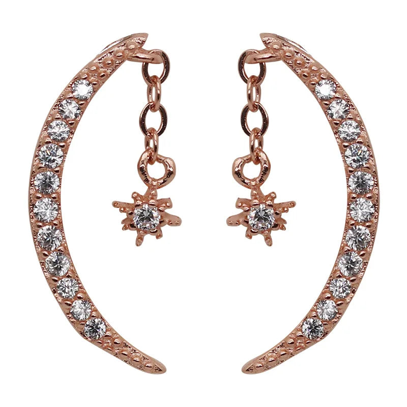 925 Sterling Silver French Crystal Moon Star Stud Earrings Women Light Luxury Temperament Wedding Jewelry Gift