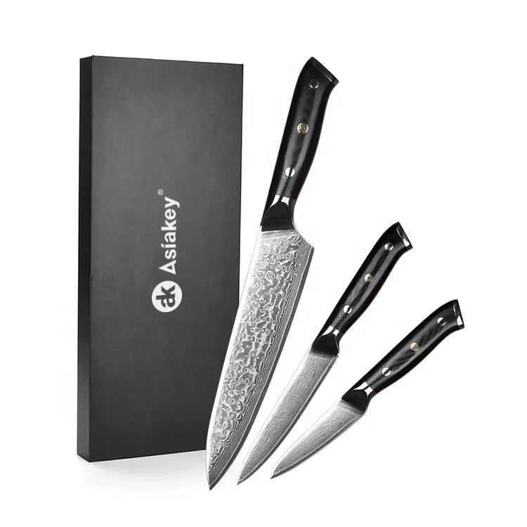 Premium 3-Piece Kitchen Knife Set With High Carbon VG-10 Core and 67-Layer Japanese Damascus Steel Blades
