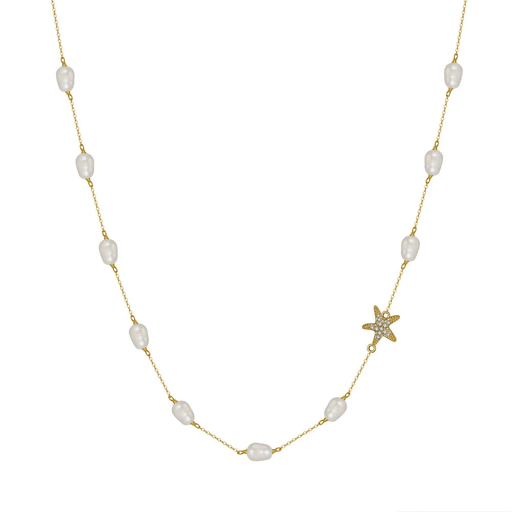 BQN06 RINNTIN Dainty 925 Sterling Silver Cz Star Charms Cultured Freshwater Pearl Chain Choker Necklaces for Women