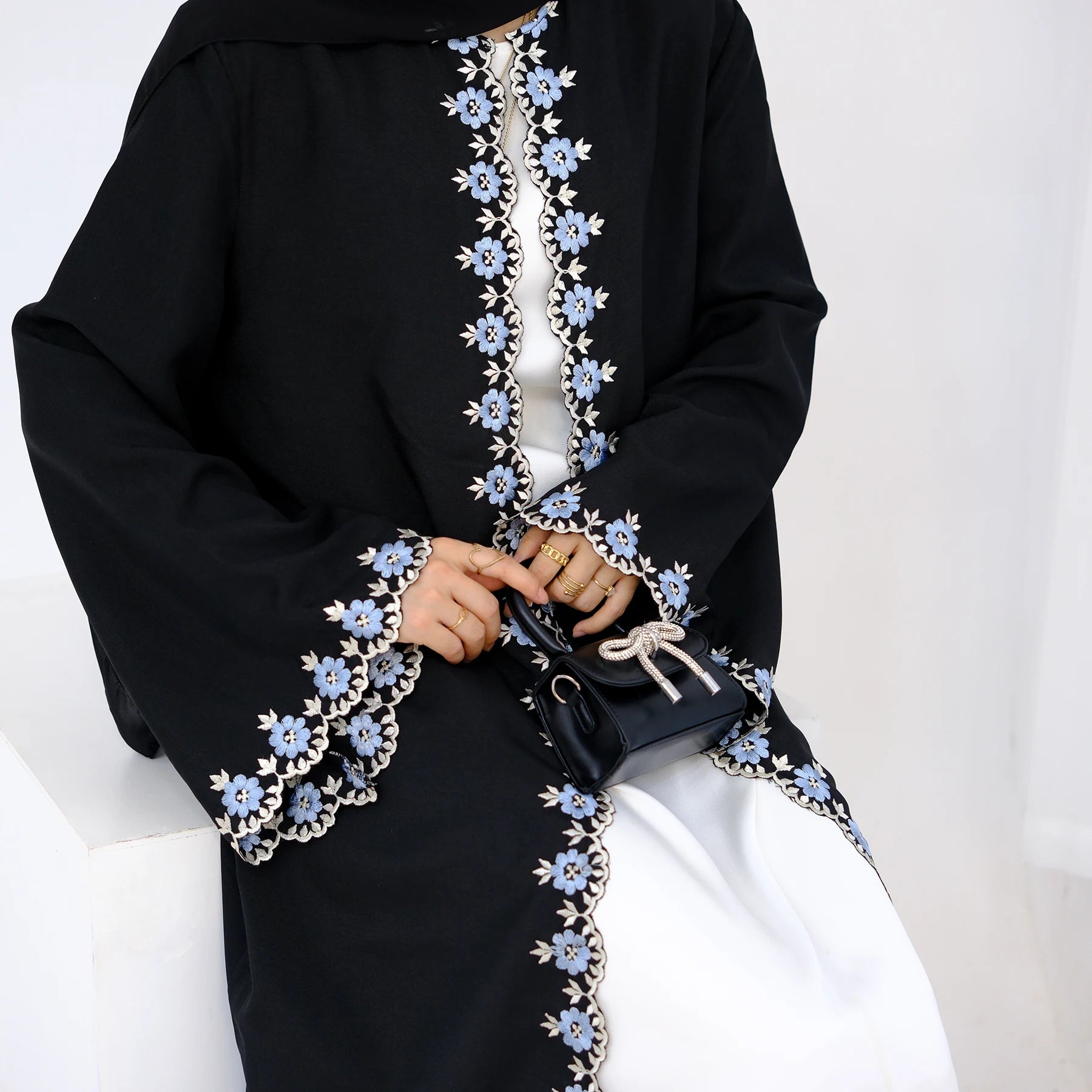 New Floral Embroidery Cardigan Abaya Dress Open Maxi Long Robe for Muslim Women Black Floral Embroidered Kimono Summer/Spring
