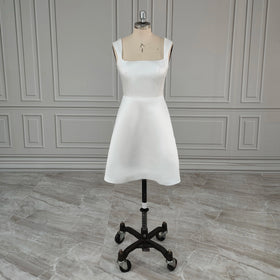Real Photos Simple Square Collar Sleeveless Satin A-line Mini Wedding Party Dress for Women Short Bride Gown Dinner Dress