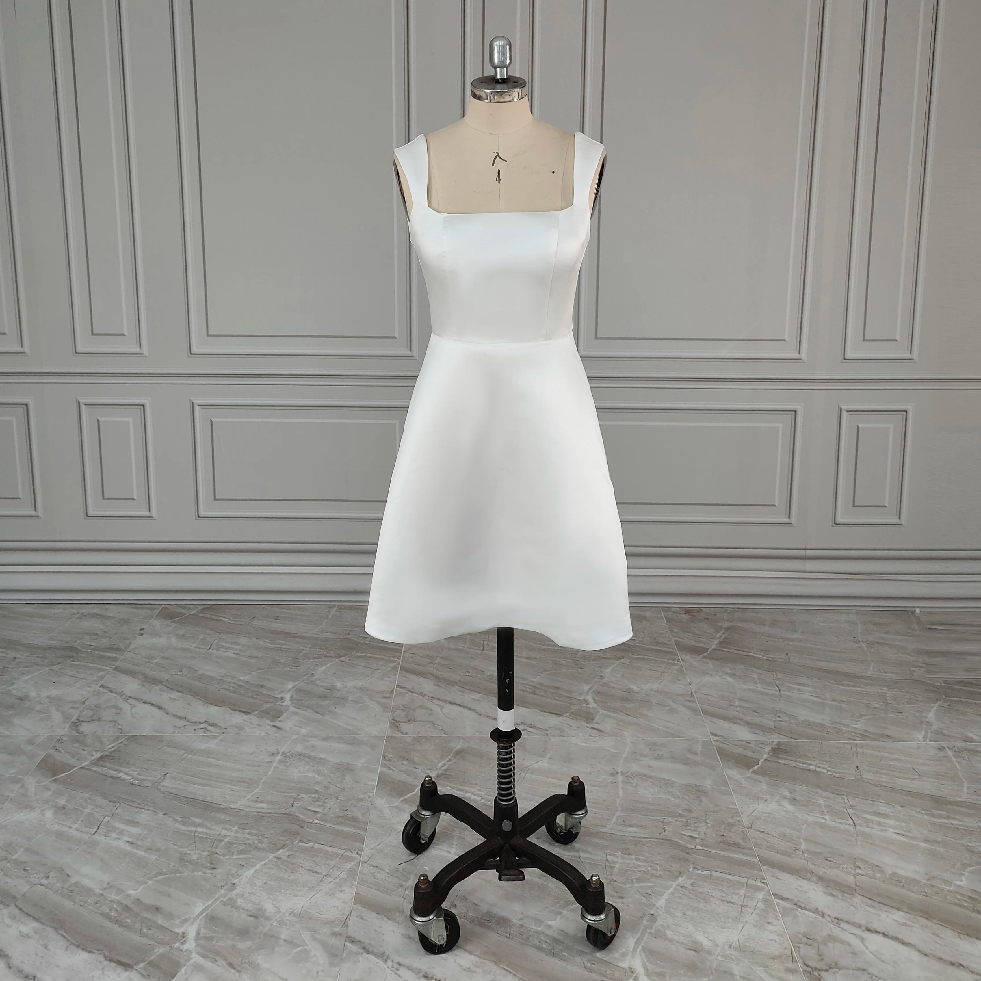 Real Photos Simple Square Collar Sleeveless Satin A-line Mini Wedding Party Dress for Women Short Bride Gown Dinner Dress