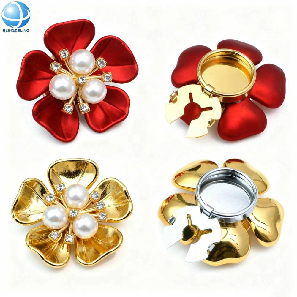 Wholesale Imitation Pearl Red Gold Resin Flower Button Cover Removable Button Clasp Clip Cuff-links Women Shirt Button Covers