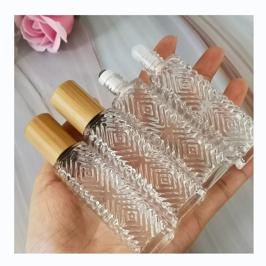 14ml Clear Glass Roll-on Bottle with Bamboo Cap and Roller Long Square Pattern Design for Essential Oils Screw Cap Sealing