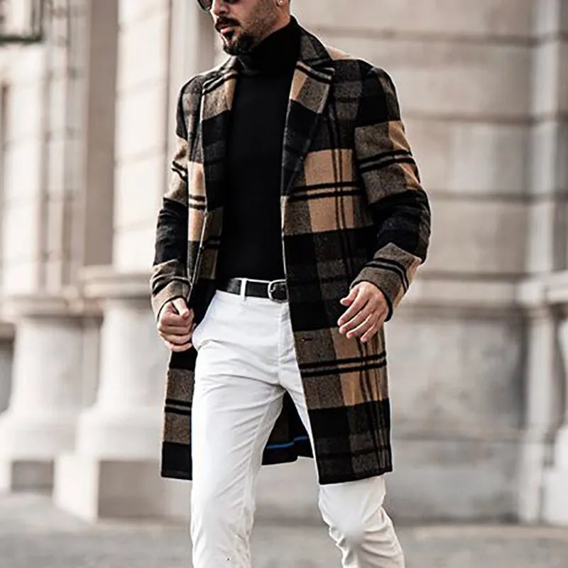 2022 Fashion Coat Men's Coat Fall Winter Warm Plaid Long Trench Jacket Breasted Business Casual Overcoat Male Woolen Coat