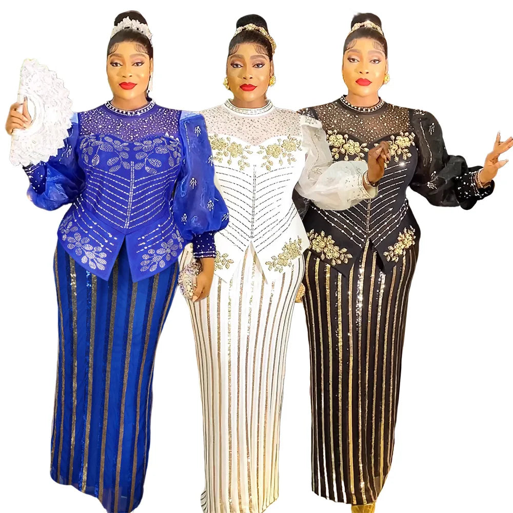 2025 Africa Women Plus Size High Waisted Party Dress Kanga Clothing Sequin Maxi Dresses Lady Plus Size Christmas Evening Dress