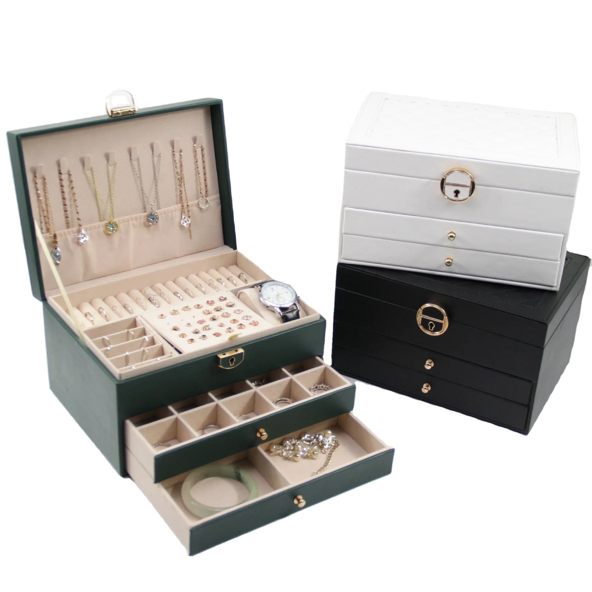 Popular 3 Layer PU Leather Jewelry Set Storage Display Box Case Organizer With Drawer