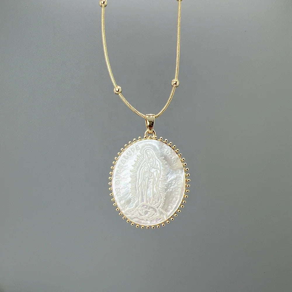 New Religious Jewelry Oval Medal Natural Sea Shell Virgin Guadalupe Necklace for Women