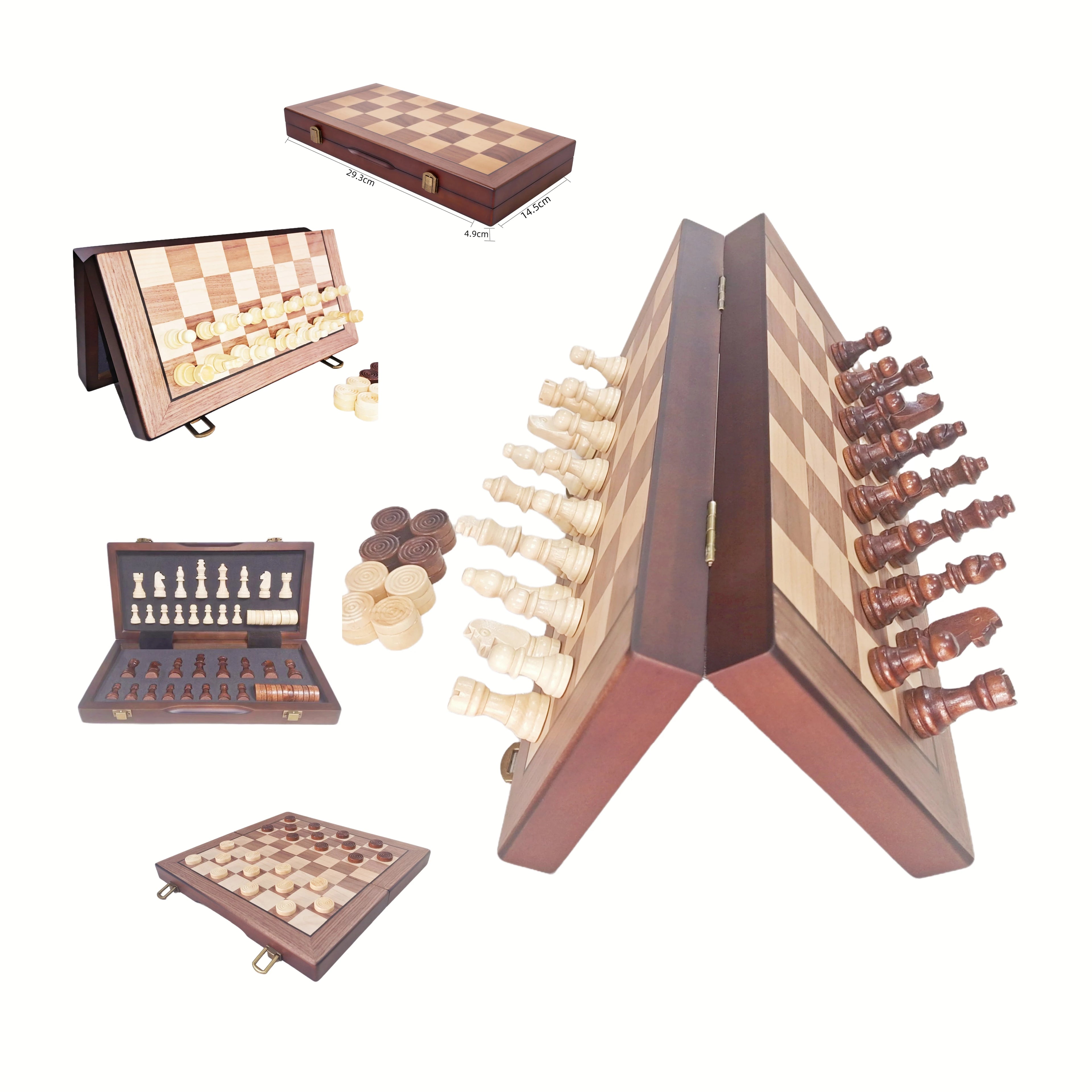 Factory Wholesale 12-inch Wooden Folding Magnetic Chessboard 2-in-1 International Chess and Checkers Game