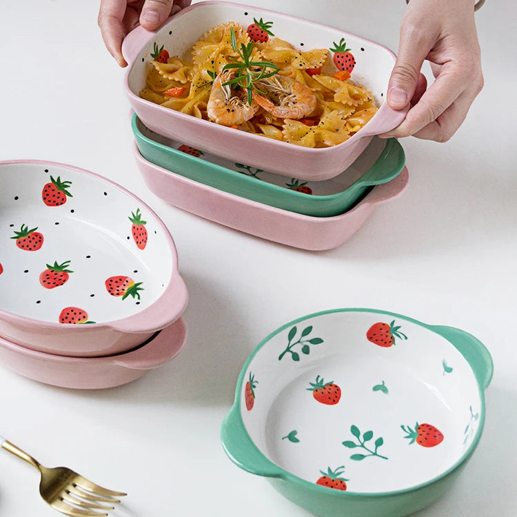 Strawberry Pattern Dishes Set Porcelain Baking Ware Bakeware Ceramic Household Plate European Bakeware