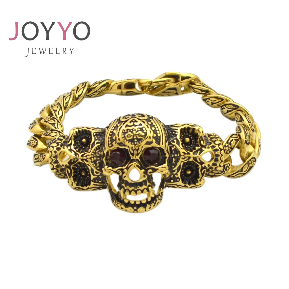 Punk Mens Jewelry Stainless Steel Flowers Carving Skull Bracelet Men Cuban Link Chain Bracelet