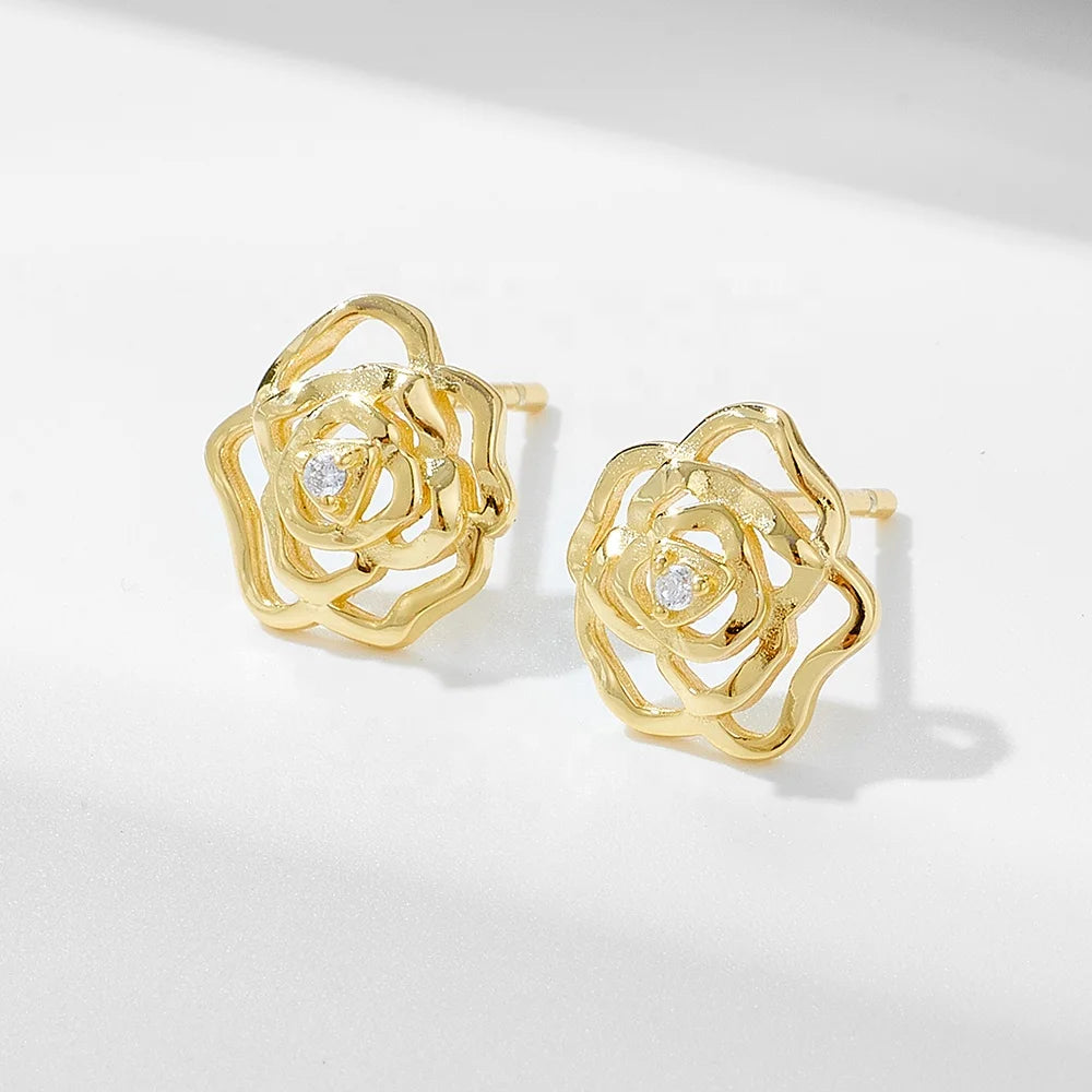 Wholesale New 18k Gold Plated Fashion Flower 925 Sterling Silver Small Stud Earrings for Women Girls Gifts