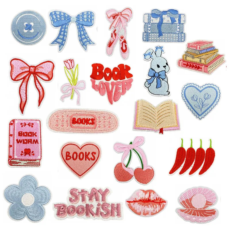 Fashion pink  Style  Embroidered Iron on  Ballet Shoes  Bow Lip  Book Shell Cherry Patch for Clothing Hat Bag Decoration
