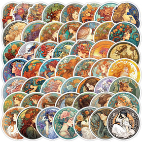 50Pcs Vintage Elegant Women Art Painting Nouveau Style Alphonse Mucha Sticker