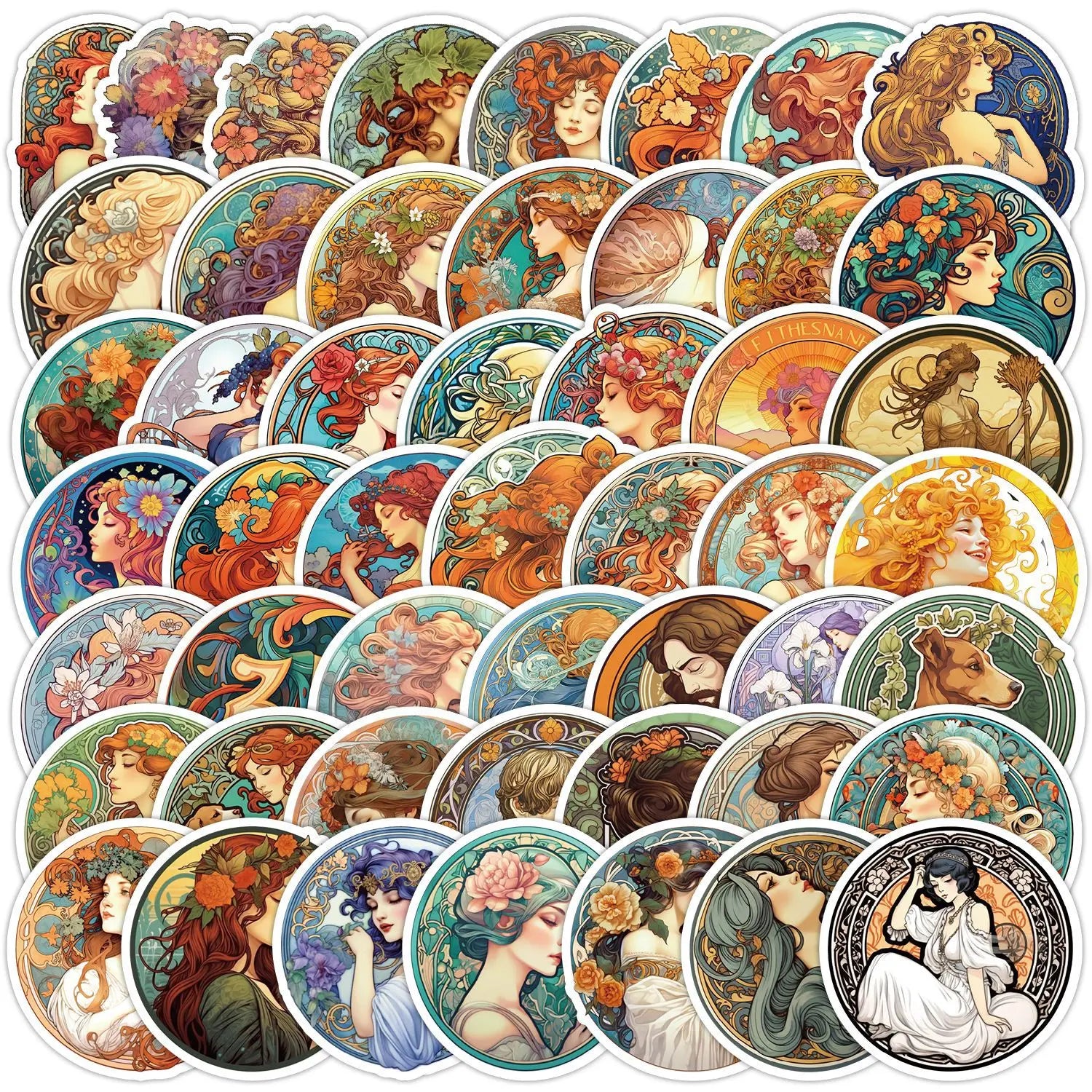 50Pcs Vintage Elegant Women Art Painting Nouveau Style Alphonse Mucha Sticker