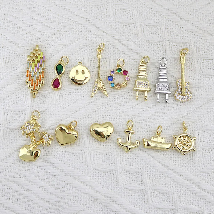 CZ8608 18k Gold Rudder Anchor CZ Cubic Zirconia Coconut Palm Guitar Power Cord Electricity Plug Charm Pendant for Necklace