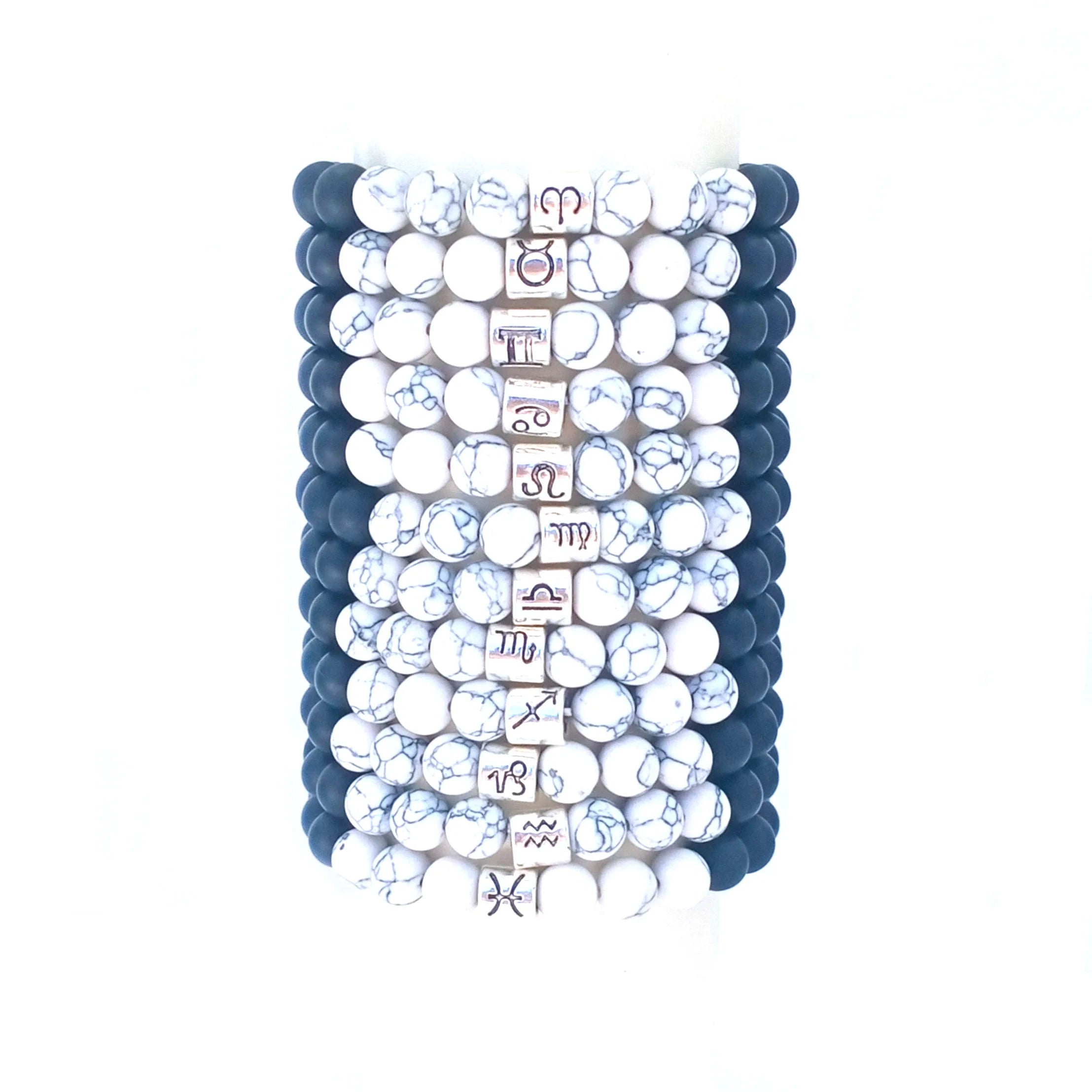 8mm Black Matte Agate White Howlite Stone Vintage Stretch Beaded Bracelet 12 Zodiac Horoscope Glossy Beads Party Wedding Gift