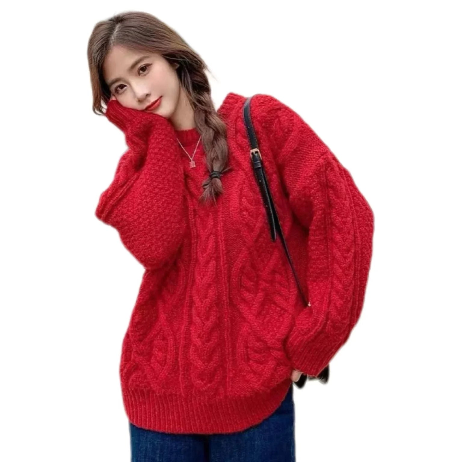 Autumn and Winter Twist Knit Sweater Casual Solid Colour Warm Knit Pullover Knit Sweater Pullover for Women