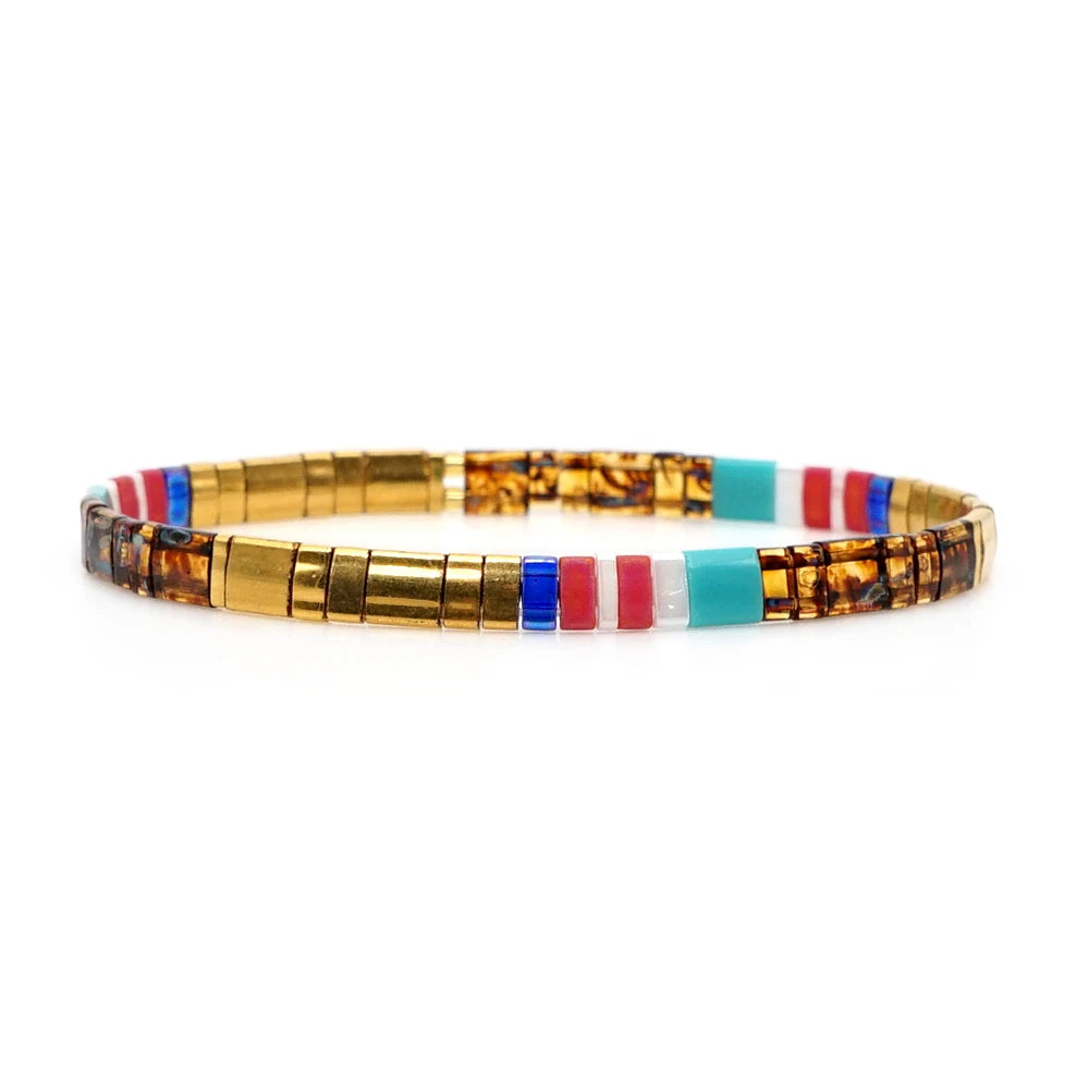 Go2BoHo Bohemian Miyuki Tila Beads Bracelet Minimalist Fashion Jewelry Amber Gold Multicolor Stretch Bracelets for Women Girls