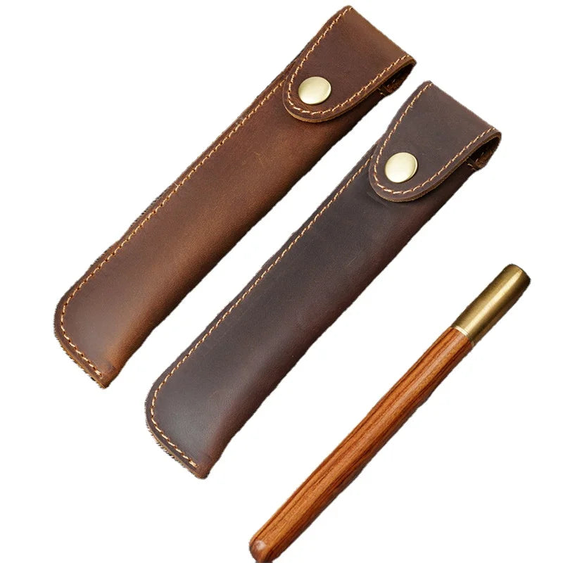 Custom Retro Crazy Horse Leather Pencil Case Bag Genuine Genuine Leather School Pen Holder with Carving Custom Color