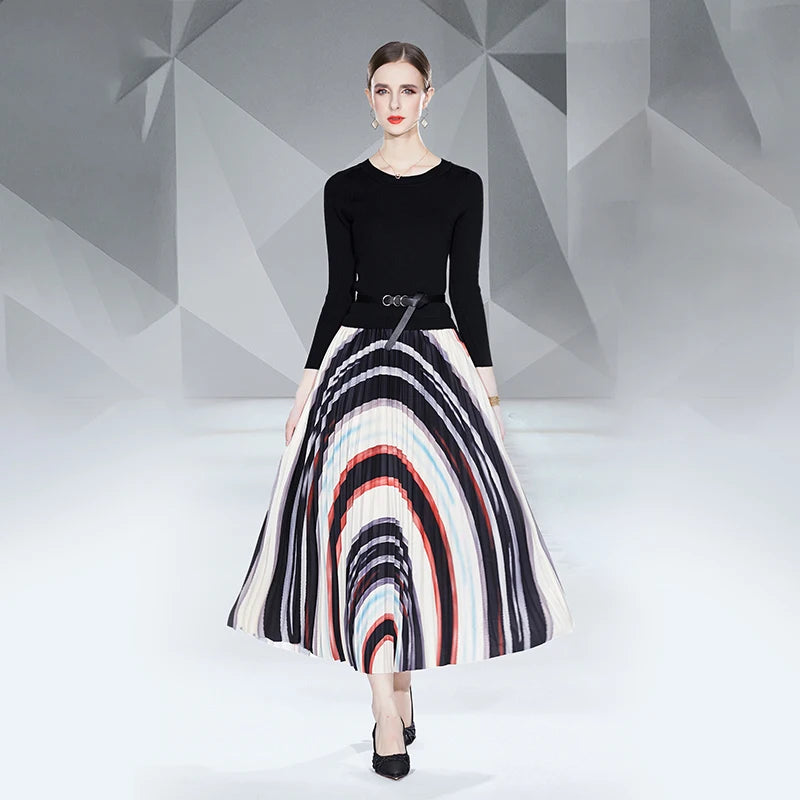 2024 High Quality Ladies Fashion Miyake Chiffon Woven Natural Waist Pleated Skirt Women's Long Sleeve Casual Dress