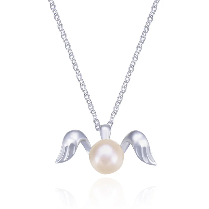 Fancy Exquisite Women Jewelry Pearl Crystal Wing Pendant Necklaces S925 Sterling Silver Angel Pearl Necklace