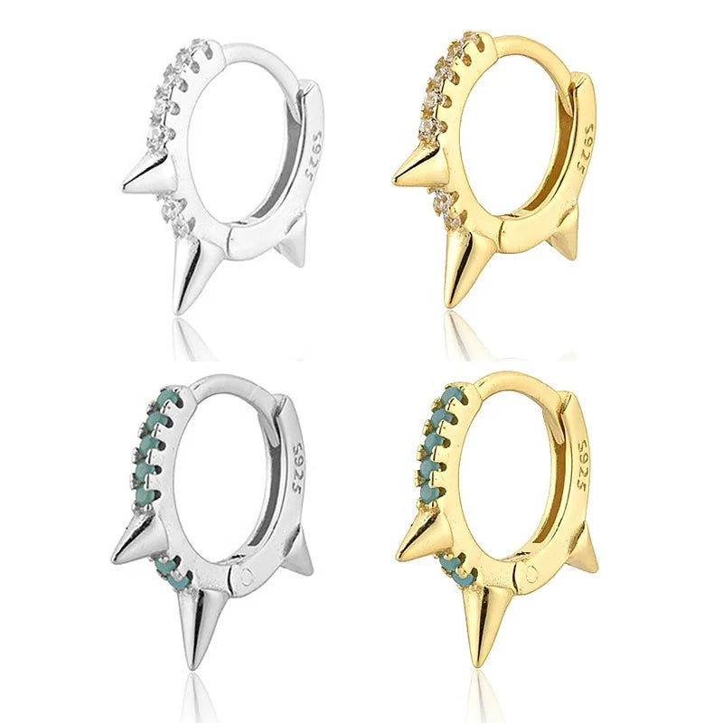 EH1094 Women's Fashion 100% 925 Sterling Silver Punk Style Open Hoop Earrings with Cubic Zirconia Spike Jewelry Gift