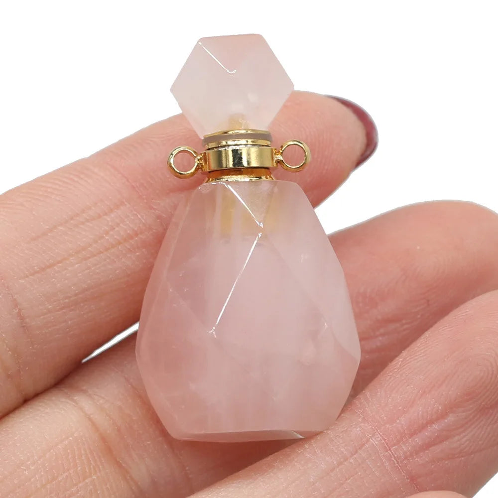 HZ Arrival Polygonal Prismatic Aromatherapy Perfume Rose Quartz Bottle Stone Pendant Necklace Jewelry