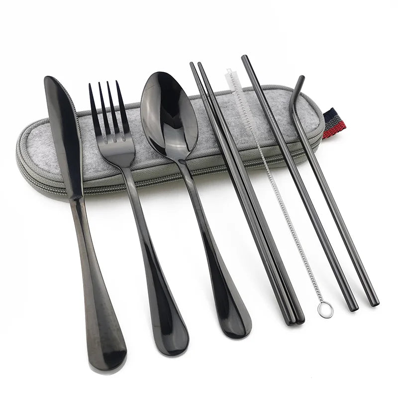 Reusable Travel Camping Silverware with Metal Straw Spoon Fork Chopsticks and Portable Case Cutlery Set