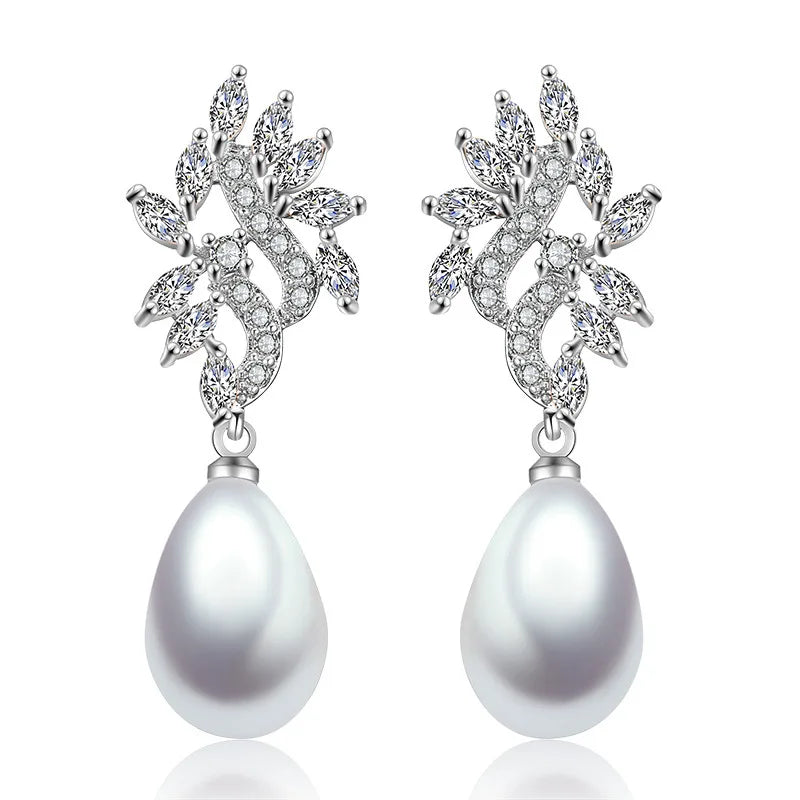 SLBRIDAL Pave Setting Clear Cubic Zircon Pearls Drop Earring Bridal Wedding Dangle Girls CZ Earrings Women Fashion Daily Earring