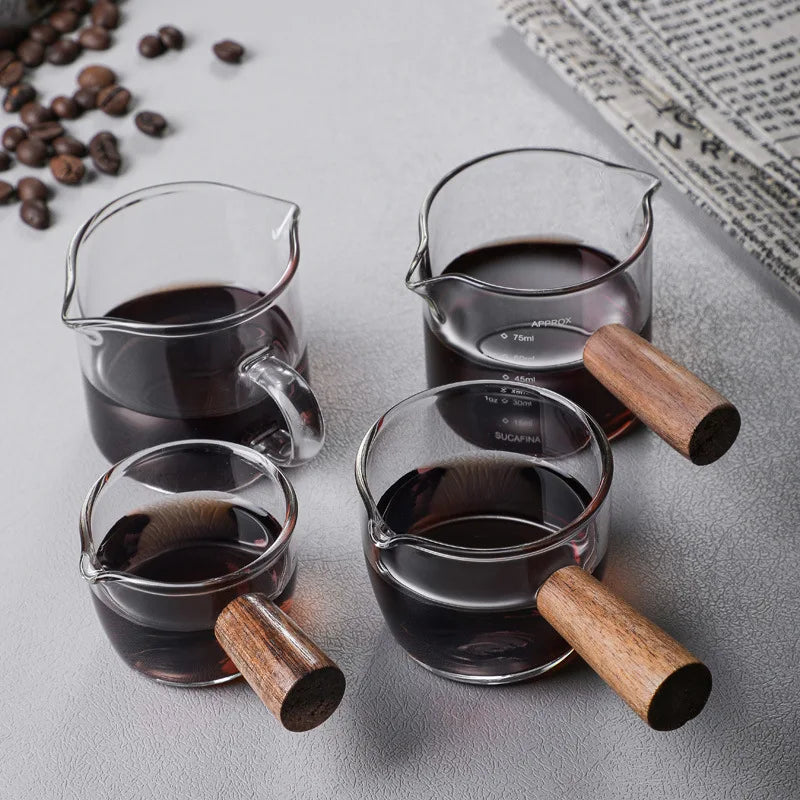 80ml Borosilicate Glass Milk Pitcher Mini Espresso Measuring Cup with Wood Handle