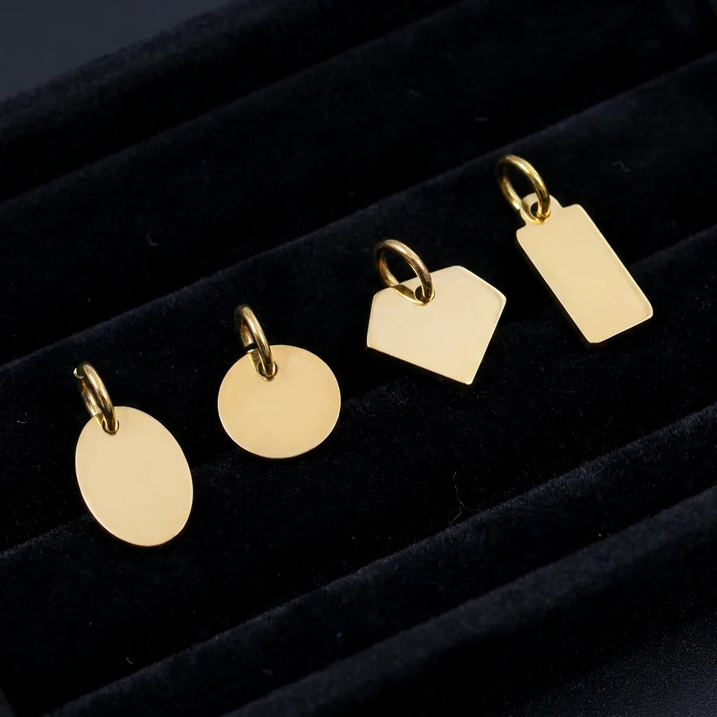 High Polished PVD Plated Stainless Steel Disc Oval Rectangle Geometric Diamond Shapes Engraved Logo Charm Pendant