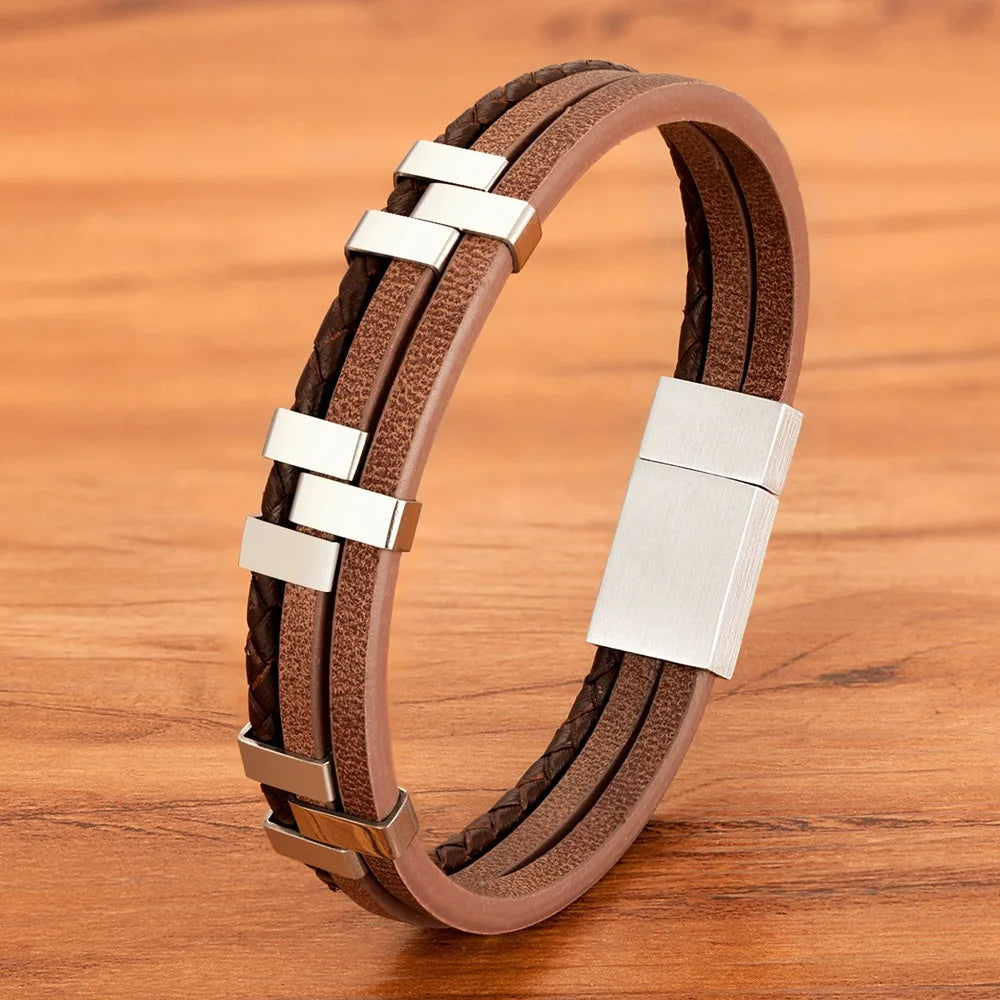 Trendy Designer Genuine Braided Leather Bracelets for Men Stainless Steel Magnetic Bracelets for Male Female Jewelry Bracelets
