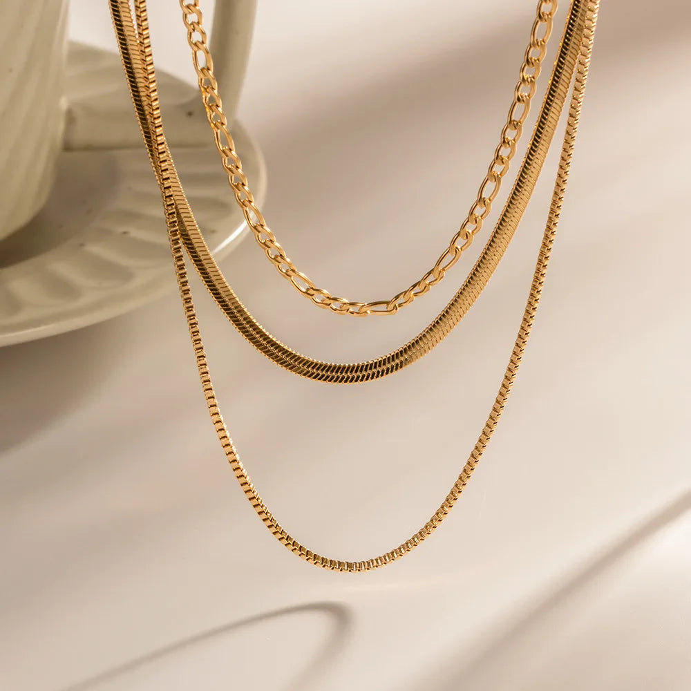 3 in 1 Figaro Chain Herringbone Chain and Box Chain Layered Necklace Non Tarnish Stainless Steel 3 Layer Necklace