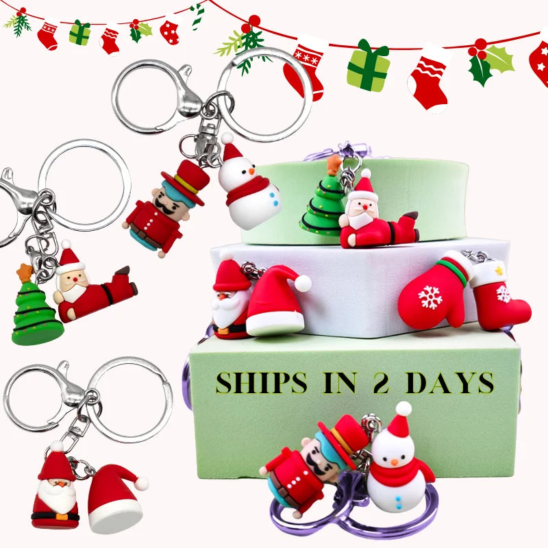 Wholesale Santa's hat PVC rubber mitten keychain custom pattern 3D cartoon Christmas keyring accessories keychain bulk