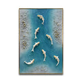Contemporary 3D Wall Sculpture White Fish Swimming in River Rectangular Hotel Art Project Decorative Hanging Glod Metal Frame