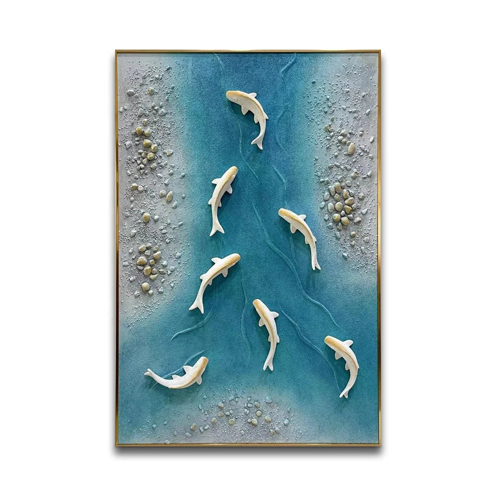 Contemporary 3D Wall Sculpture White Fish Swimming in River Rectangular Hotel Art Project Decorative Hanging Glod Metal Frame