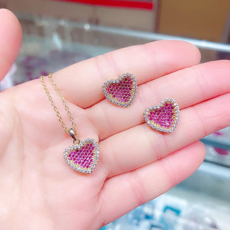 Fashion Jewelry Set Ruby Diamond Necklace Zircon Crystal Set Brass Gold Heart Earrings Necklace Jewelry Set for Women